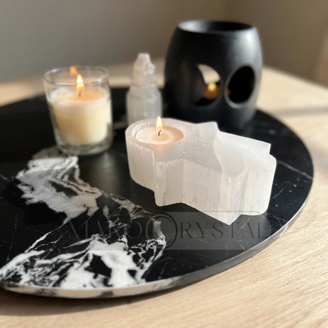 Selenite candle holder - Moroccan hand-carved