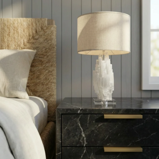Hand-carved Moroccan Selenite table lamp for luxury interior decor