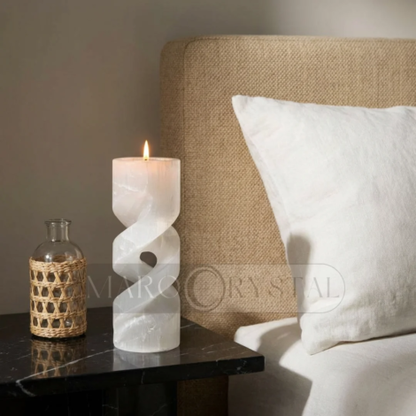Spiral hand-carved Selenite candle holder from Morocco